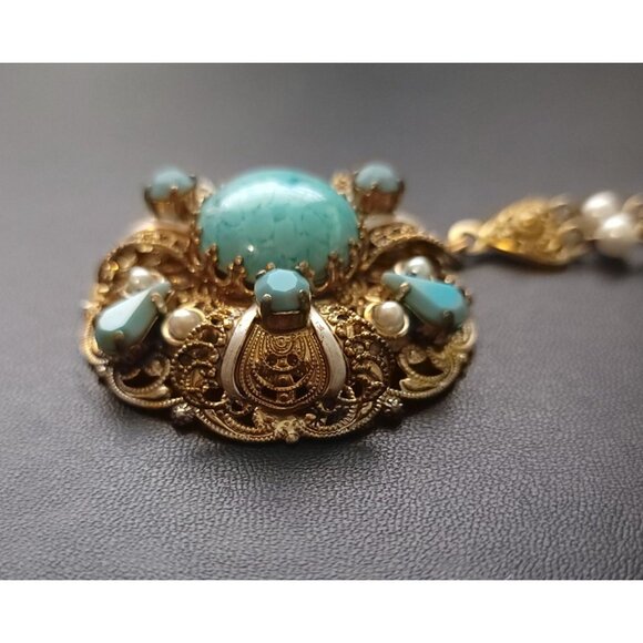 Vtg W Germany Gold-Tone Necklace Faux Turquoise & Pearl Filigree Pendant SIGNED - Picture 3 of 9